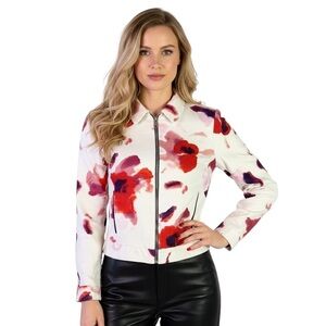 ZARA JACKET FLORAL GRAPHIC COAT BLOOMING OFF WHITE  RED PURPLE JACKET SMALL